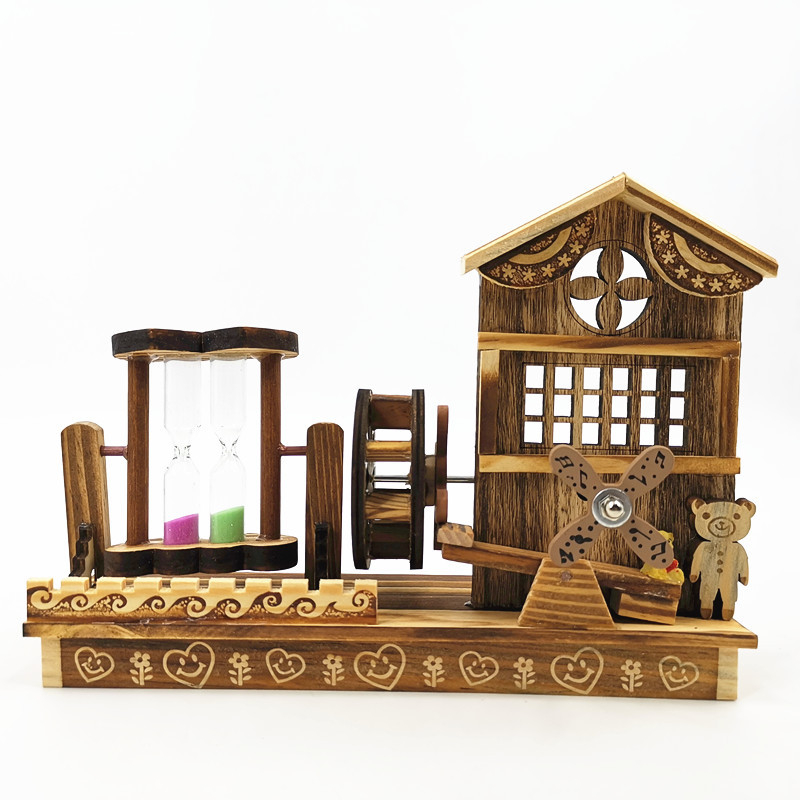 Ξύλινο μουσικό κουτί με περιστρεφόμενο νερομύλο και κλεψύδρα, κινεζικό στυλ, ξύλο λωτού, γυαλιστερή επιφάνεια