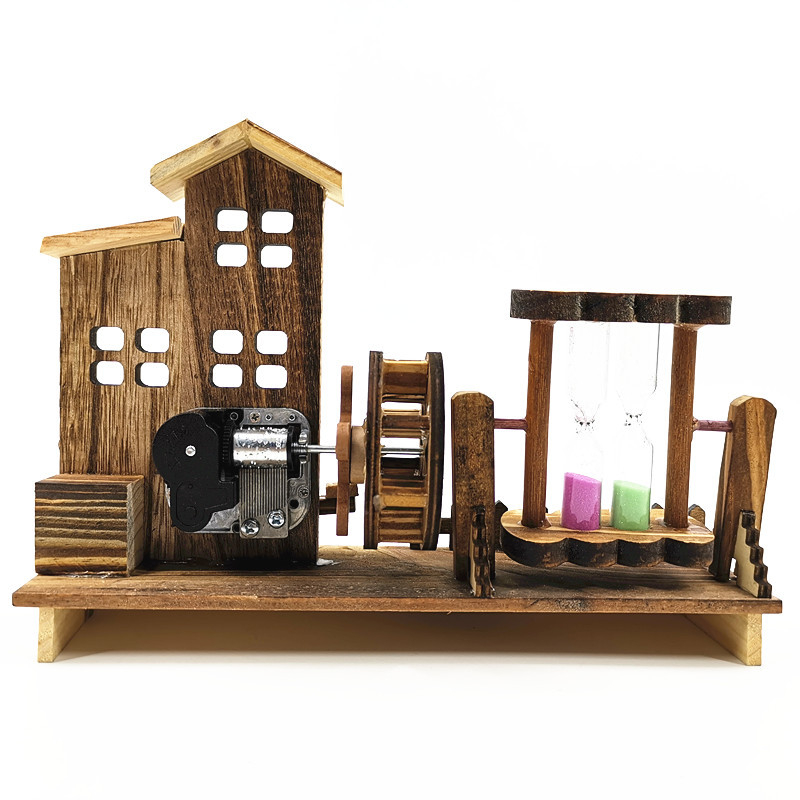 Ξύλινο μουσικό κουτί με περιστρεφόμενο νερομύλο και κλεψύδρα, κινεζικό στυλ, ξύλο λωτού, γυαλιστερή επιφάνεια