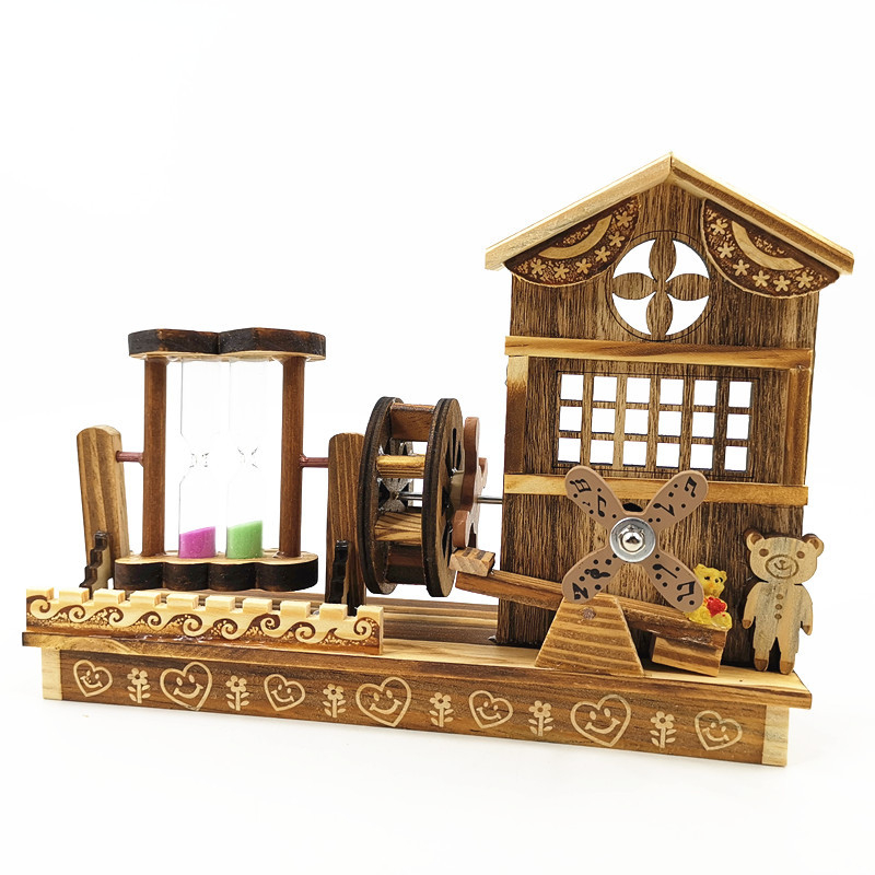 Ξύλινο μουσικό κουτί με περιστρεφόμενο νερομύλο και κλεψύδρα, κινεζικό στυλ, ξύλο λωτού, γυαλιστερή επιφάνεια