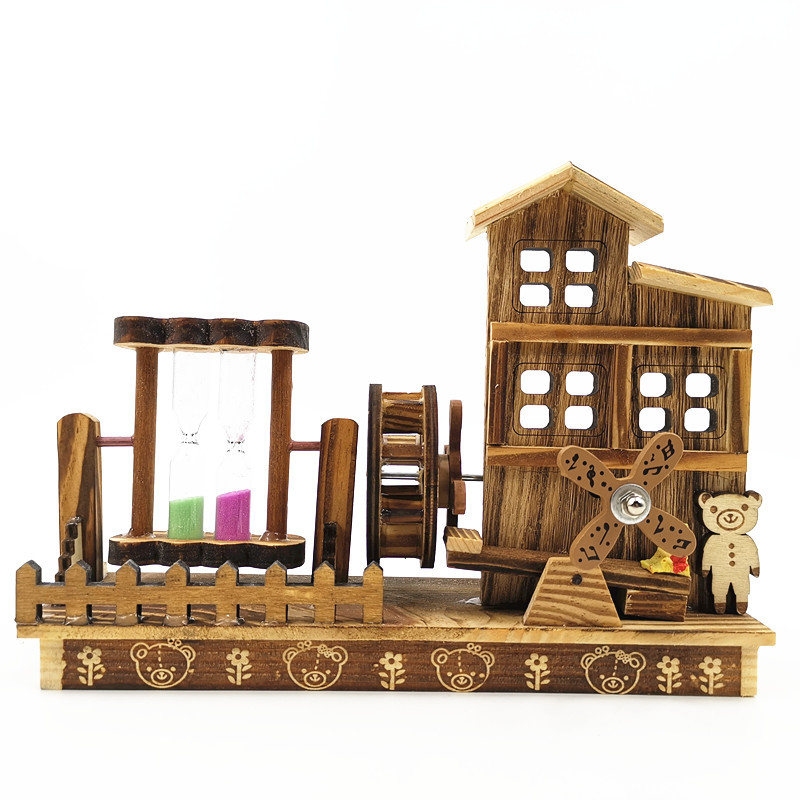 Ξύλινο μουσικό κουτί με περιστρεφόμενο νερομύλο και κλεψύδρα, κινεζικό στυλ, ξύλο λωτού, γυαλιστερή επιφάνεια