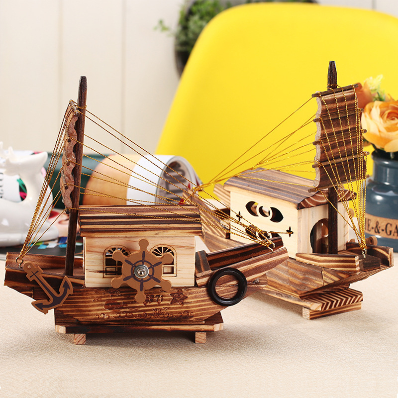 Ξύλινο μουσικό κουτί σε σχήμα καραβιού, παραδοσιακός γλυπτικός σχεδιασμός, Υλικό: Redwood, Στυλ: Ιστιοφόρο