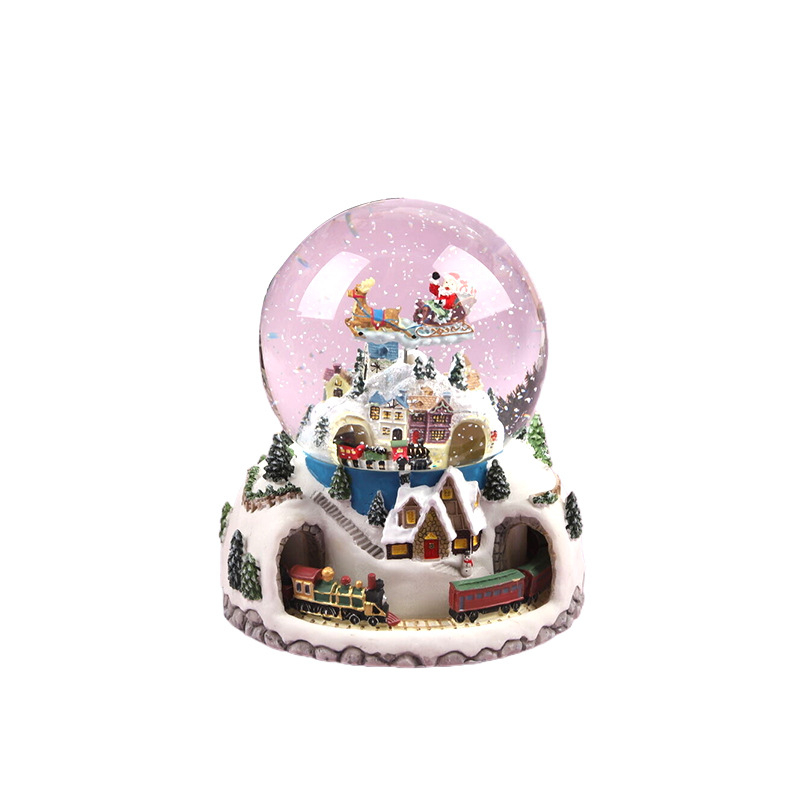 Karácsonyi kristálygömbös zenedoboz hópehely mintával, Mikulás és rénszarvas figurákkal — gyanta, Dream Crystal House, ajándék, modern minimalista stílus