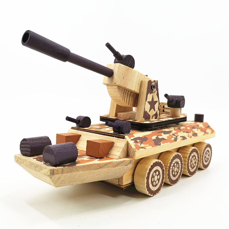 Ξύλινο καμουφλαρισμένο θωρακισμένο περιπολικό αυτοκίνητο με μουσικό κουτί, μοντέλο αυτοκινήτου με ρουκέλα, από ξύλο λωτού, γυαλισμένη επιφάνεια, σύγχρονο μινιμαλιστικό στυλ