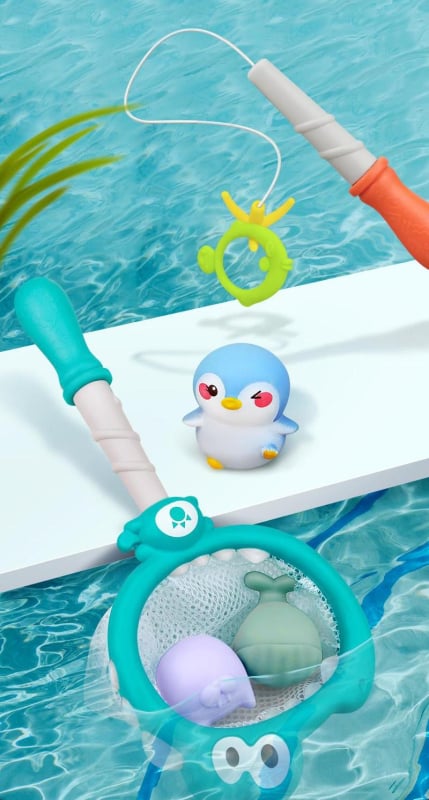 Jucărie de baie 4-în-1 pentru bebeluși și copii mici: plasă de pescuit, joc de aruncare cu apă și distracție cu apă în cadă (material: plastic; potrivit pentru bebeluși și copii; vârstă: 0–2 ani)