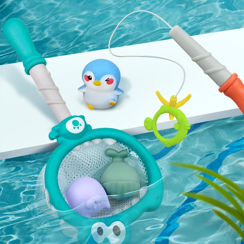 Jucărie de baie 4-în-1 pentru bebeluși și copii mici: plasă de pescuit, joc de aruncare cu apă și distracție cu apă în cadă (material: plastic; potrivit pentru bebeluși și copii; vârstă: 0–2 ani)