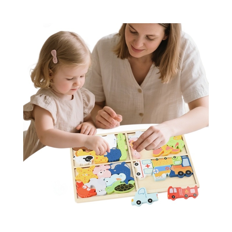 Drveni 3D puzzle za djecu – četiri u jednom edukativna igračka za razvoj finih motoričkih vještina i razmišljanja (uzrast 4–6 godina)