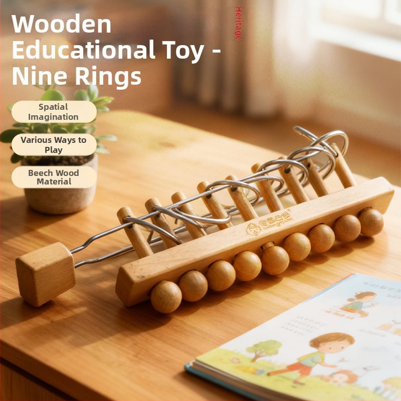 Πάζελ εννέα δαχτυλιδιών — Beech Wood, παραδοσιακό ξύλινο παζλ για ξεκλείδωμα, κατάλληλο για παιδιά 4–6 ετών