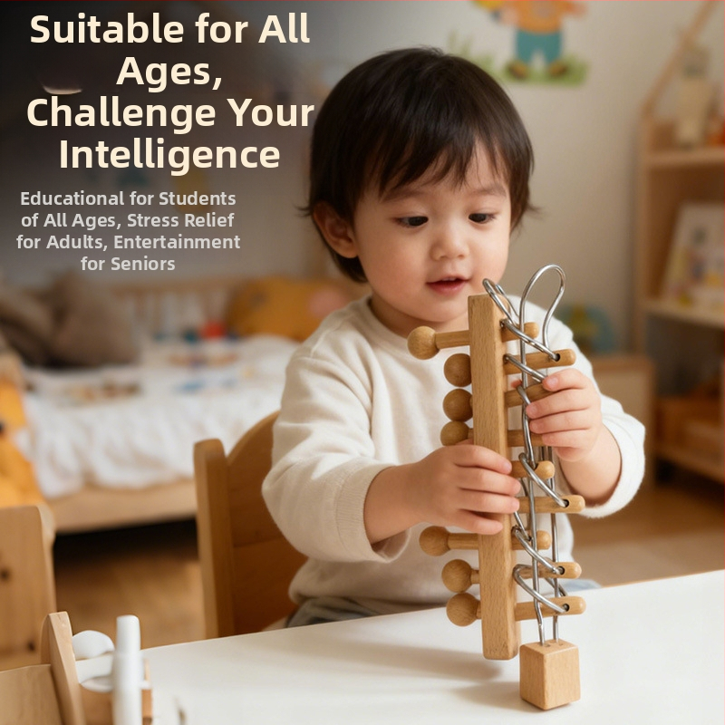 Πάζελ εννέα δαχτυλιδιών — Beech Wood, παραδοσιακό ξύλινο παζλ για ξεκλείδωμα, κατάλληλο για παιδιά 4–6 ετών