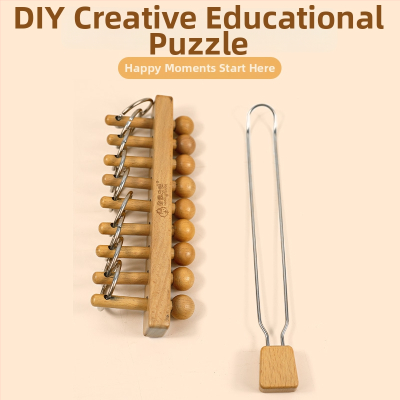 Πάζελ εννέα δαχτυλιδιών — Beech Wood, παραδοσιακό ξύλινο παζλ για ξεκλείδωμα, κατάλληλο για παιδιά 4–6 ετών