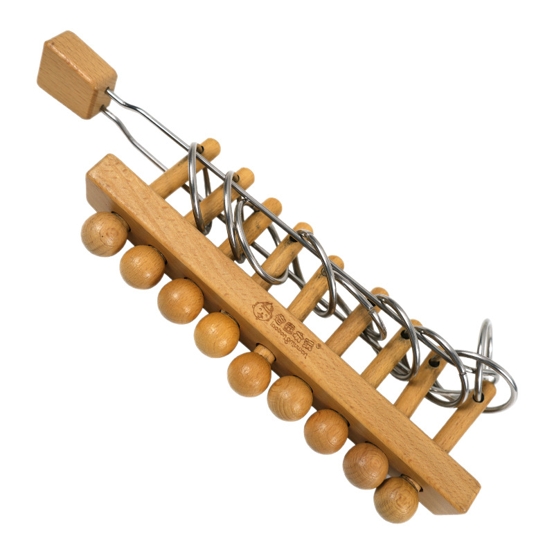 Πάζελ εννέα δαχτυλιδιών — Beech Wood, παραδοσιακό ξύλινο παζλ για ξεκλείδωμα, κατάλληλο για παιδιά 4–6 ετών