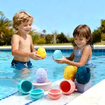 Jucării din silicon pentru baie pentru bebeluși – Set de 4 piese, joc de apă, educativ pentru copii 3–6 ani