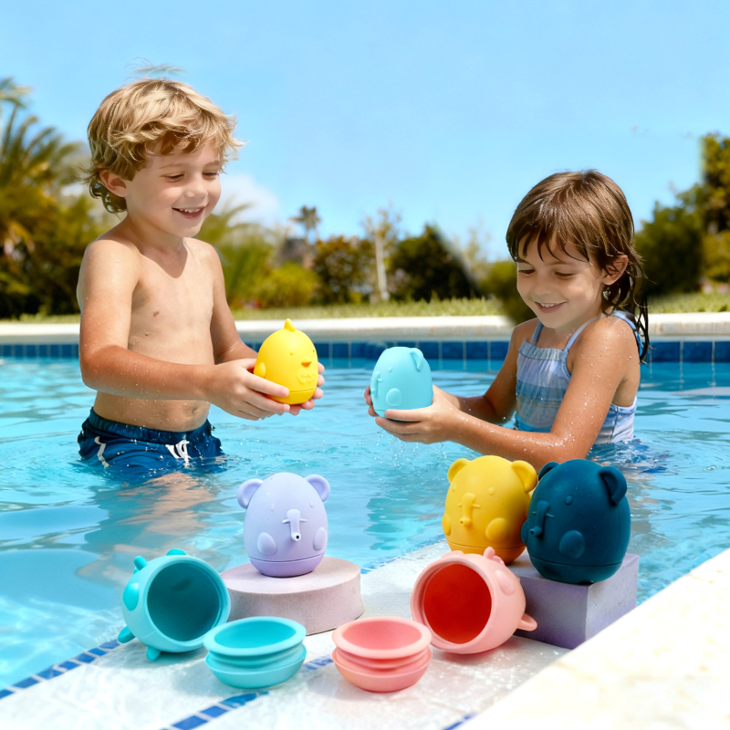 Jucării din silicon pentru baie pentru bebeluși – Set de 4 piese, joc de apă, educativ pentru copii 3–6 ani