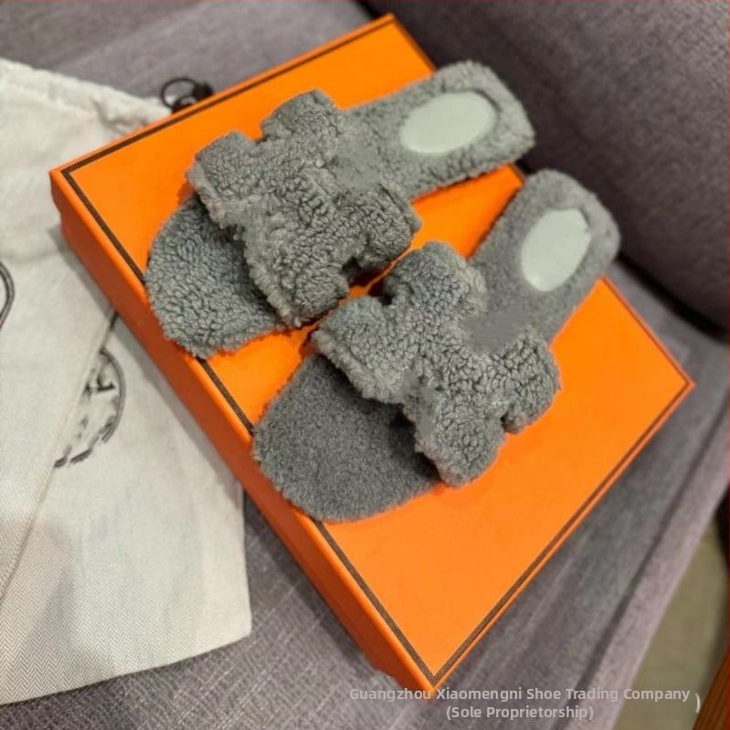 Papuci de casă din piele întoarsă, căptușeală din blană de miel, talpă din cauciuc, anti-derapante, calde, slip-on