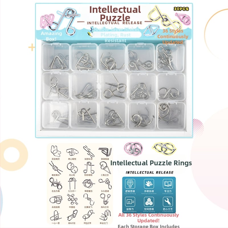 Μεταλλικό παζλ εννέα δαχτυλιδιών – Luban Lock και Kongming Lock, ξεκλείδωμα δαχτυλιδιών, εκπαιδευτικό παιχνίδι σκέψης για ηλικίες 7–14 ετών, λευκή συσκευασία, χωρίς DIY