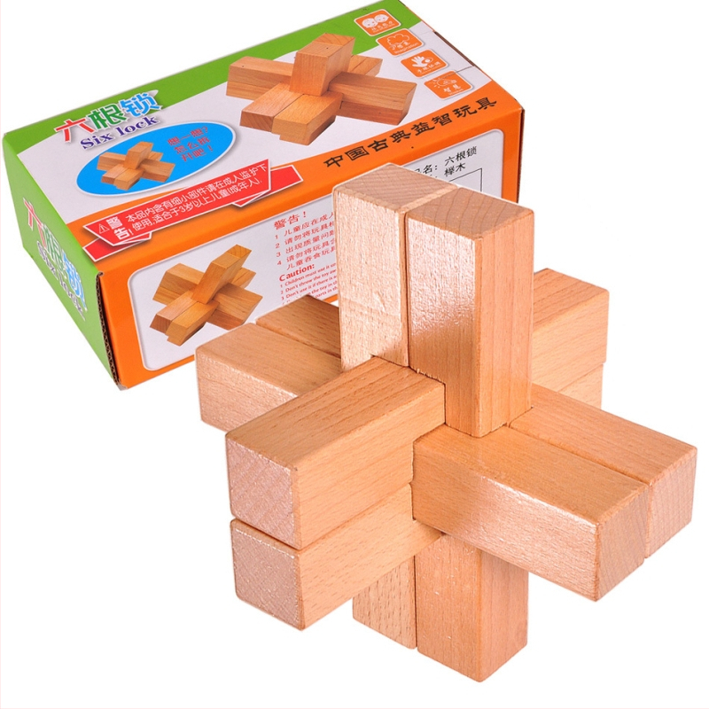 Drveni Kongming/Luban lock puzzle za odrasle, razvija prostornu svijest, šest dijelova, drvo, porijeklo Yunhe, Zhejiang