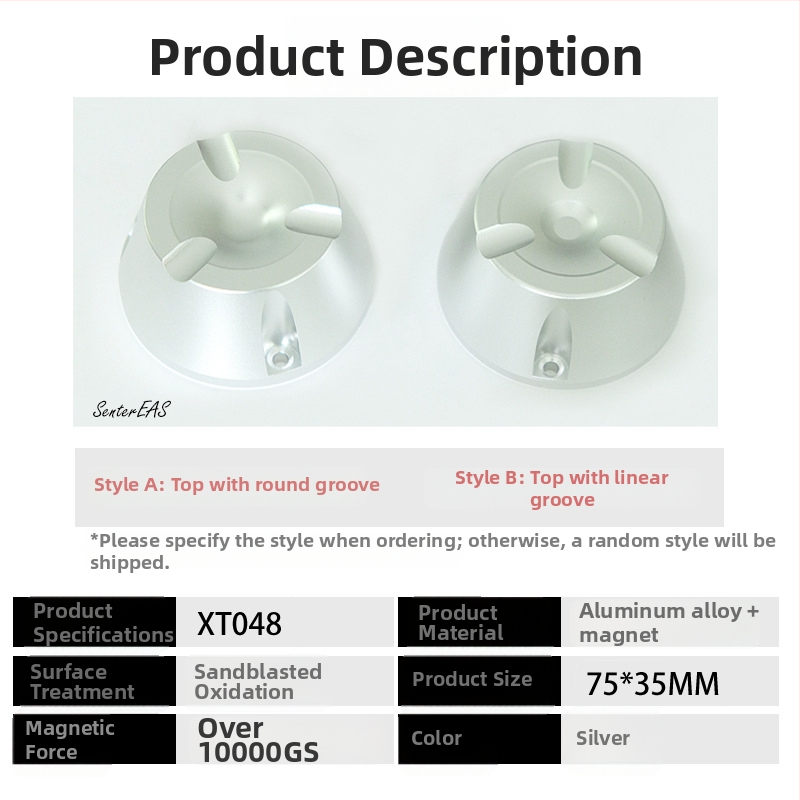 D048 Magnetický odpojovač etikiet pre oblečenie — membrána: hliníková zliatina + magnet, povrchový materiál: hliníková zliatina + magnet, použitie: supermarket, obchody s oblečením, obchody pre matku a dieťa, obuv a optika, značka Xinte