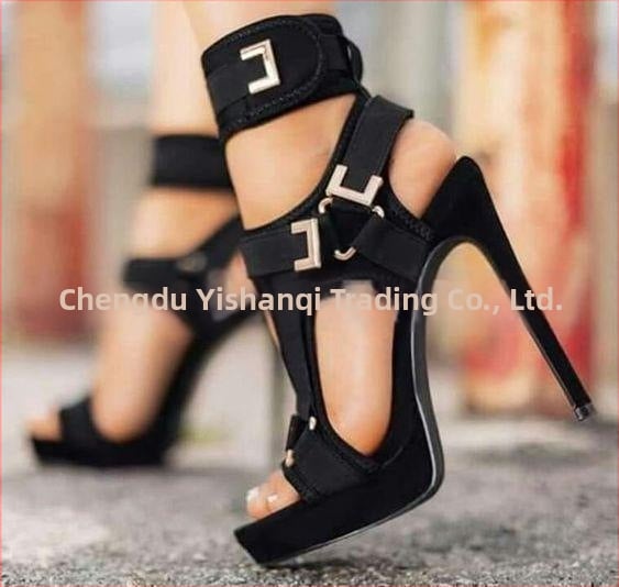 Ženske sandale s kopčom, prst u obliku ribljih usta, 12 cm platforma, PU gornji dio, gumeni potplat