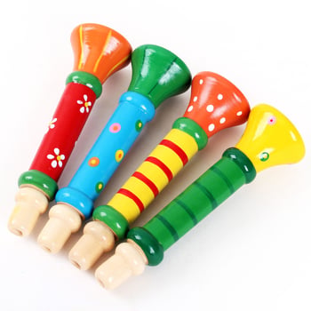 Drevena dječja truba-igračka — obrazovni glazbeni instrument za rani razvoj (Materijal: drvo; Dob: 0–3 godine; Razvoj: emocije, kognicija, motorika, osjetila, sluh)