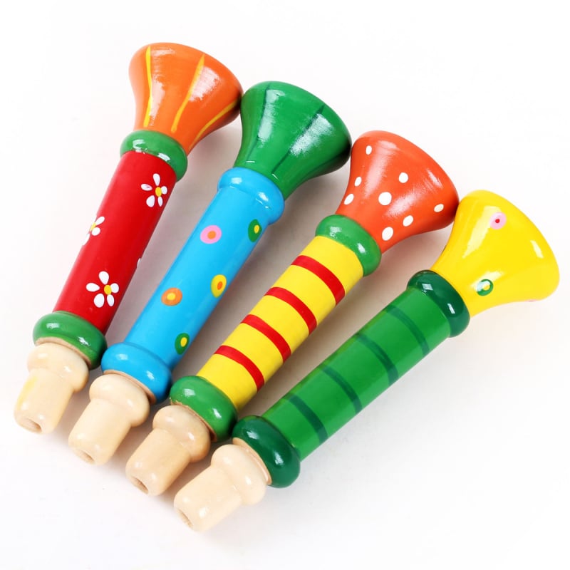 Drevena dječja truba-igračka — obrazovni glazbeni instrument za rani razvoj (Materijal: drvo; Dob: 0–3 godine; Razvoj: emocije, kognicija, motorika, osjetila, sluh)