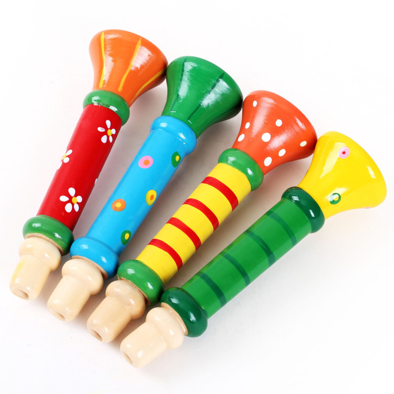 Drevena dječja truba-igračka — obrazovni glazbeni instrument za rani razvoj (Materijal: drvo; Dob: 0–3 godine; Razvoj: emocije, kognicija, motorika, osjetila, sluh)