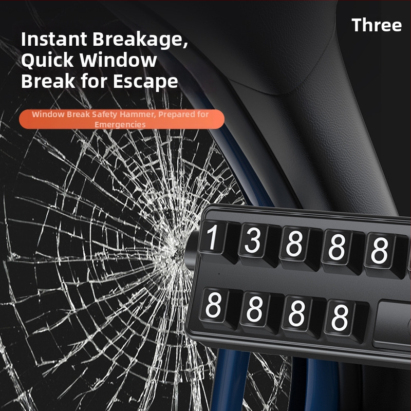 Viacúčelové bezpečnostné kladivo s rozbíjačom skla, osvetlením a dočasnou značkou parkovania — Model T61, plast