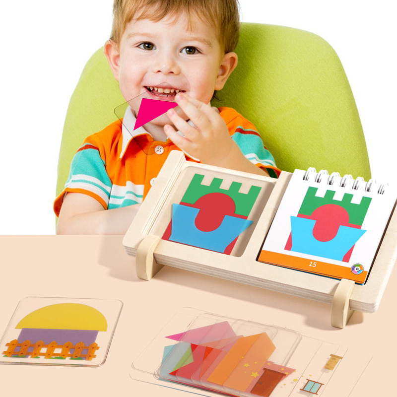 Fa Geometria Ház Tervező Puzzle – lapos puzzle, 4–6 éveseknek, színes doboz, OEM logó