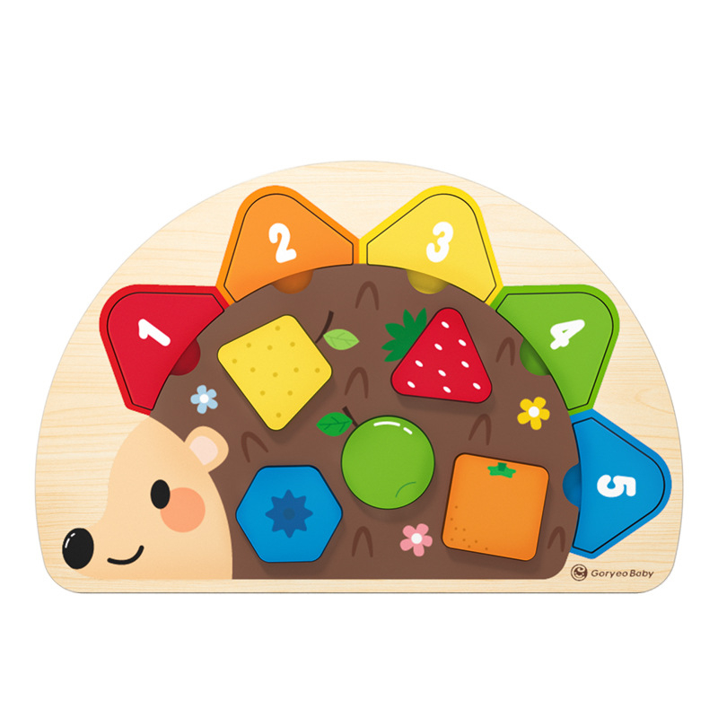 Drveni puzzle‑panel sa ježom za bebe – rana edukacija, geometrijsko usklađivanje, ravni panel