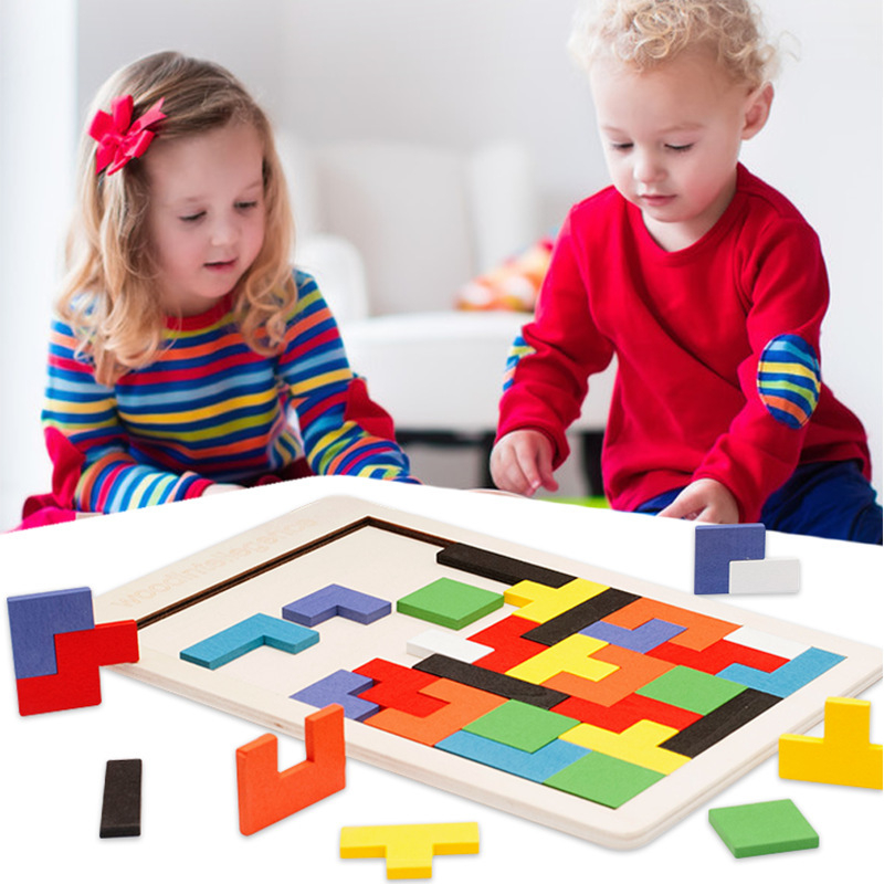 Drveni slagalice blokovi za predškolce – plosnati geometrijski blokovi u stilu Tetris, DIY-prilagodljivo, za djecu 4–6 godina, unisex