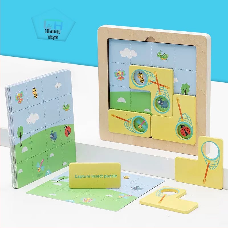 Drveni 3D puzzle za lov na insekte za djecu 4–6 godina, brenda Lihang Toys, slaganje ilustracija i ploča