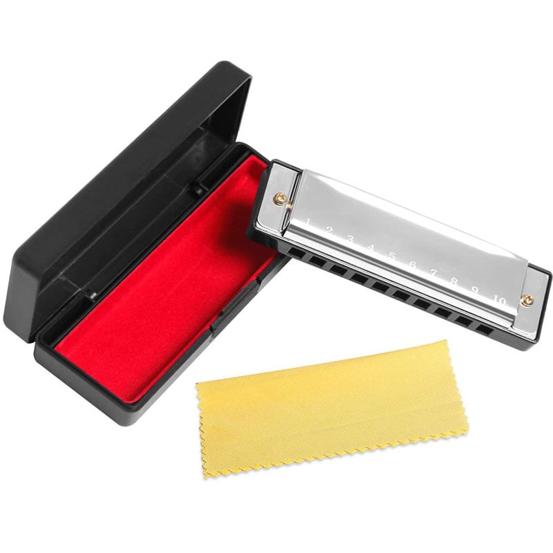 Armonică diatonă cu 10 găuri, blues/scală completă, capac cromat din cupru, orificii de sunet metalice