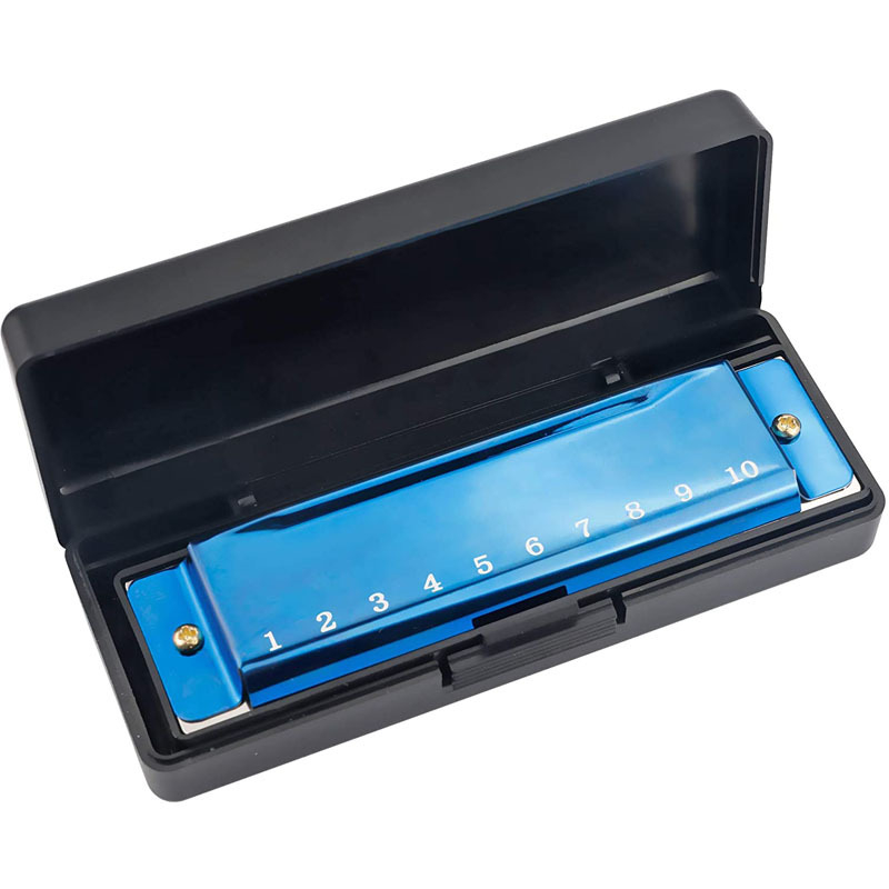 Armonică diatonă cu 10 găuri, blues/scală completă, capac cromat din cupru, orificii de sunet metalice