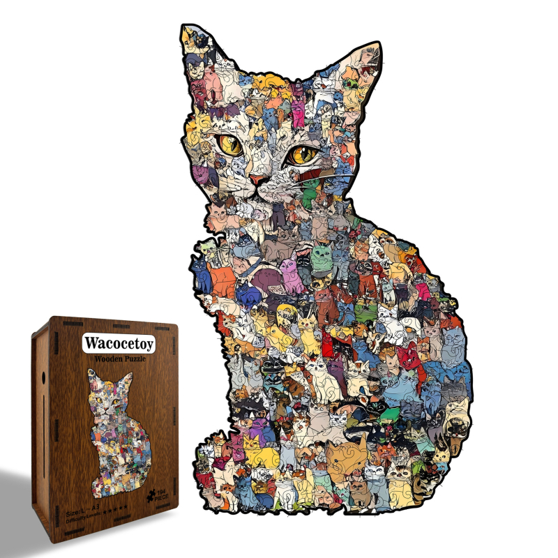 Drveni mačji puzzle — nepravilan oblik, pogodan za DIY, višenamjenski; pakiran u drvenoj kutiji; pogodan za uzrast 7–14 godina
