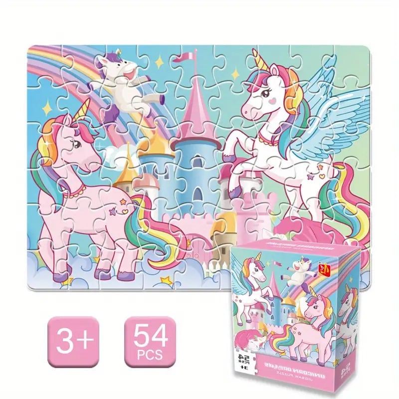 54 darabos unikornis puzzle gyerekeknek – sík kirakó, oktatási játék, szivárvány és csillag mintázattal, papírból