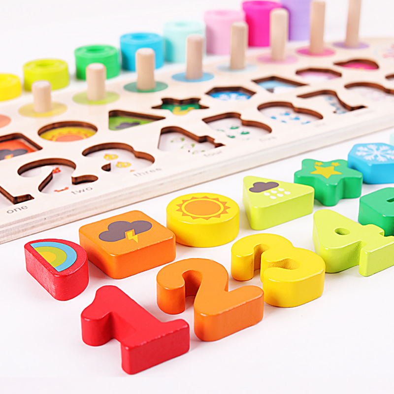 Drveni blokovi četiri u jedan s pločom voća — edukativni 3D puzzle za djecu (4–6 godina), zbrajanje i oduzimanje, DIY