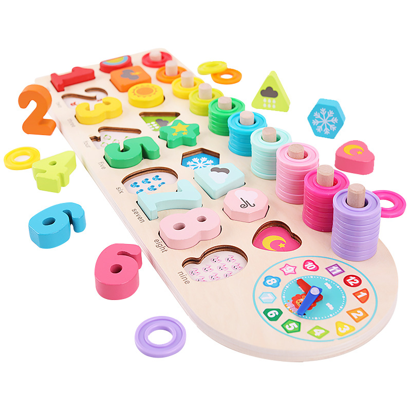 Drveni blokovi četiri u jedan s pločom voća — edukativni 3D puzzle za djecu (4–6 godina), zbrajanje i oduzimanje, DIY