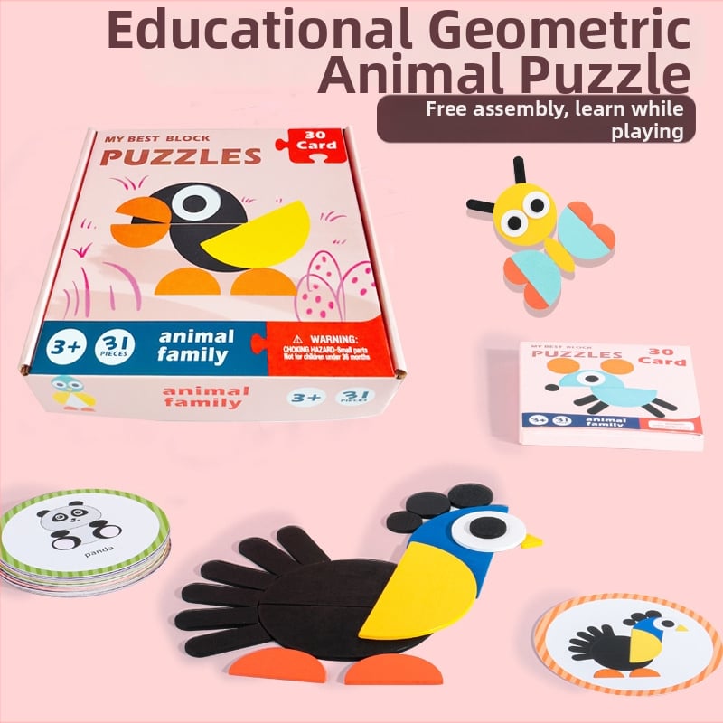 Drveni dječji slagalica s geometrijskim životinjama po Montessori metodi, za djecu 0–3 godine, DIY prilagodljiva slagalica