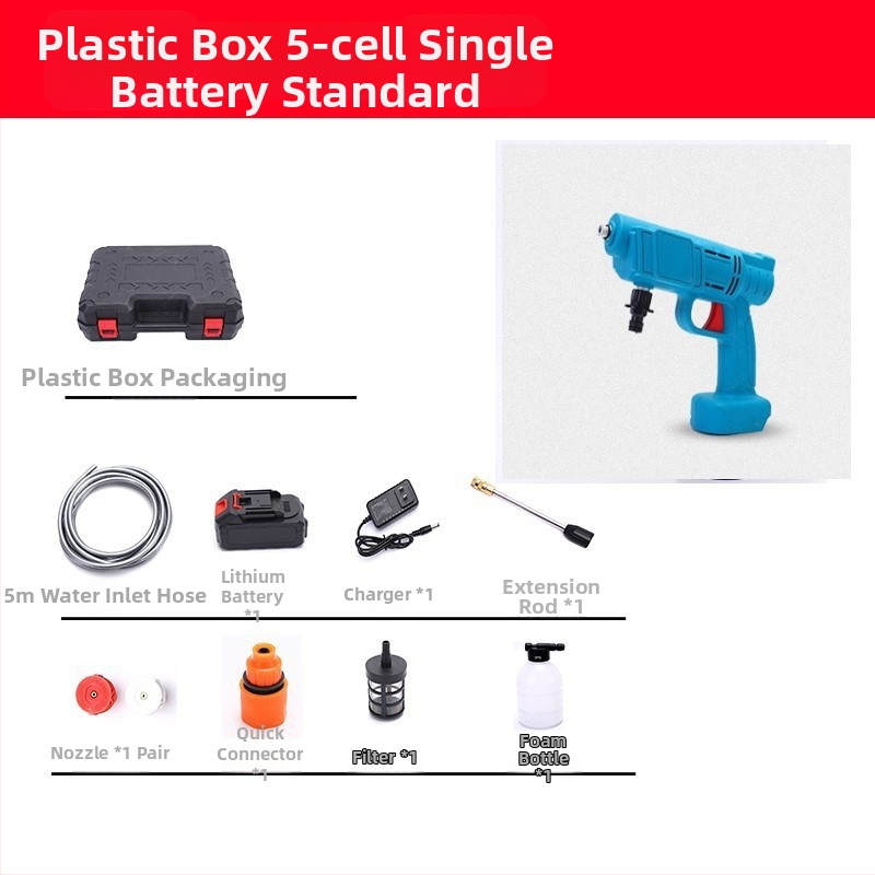 Prenosný bezdrôtový lítium‑batériový pištoľ na umývanie áut s vysokým tlakom — 21 V, 3 MPa, 3 L/min, 5 m hadica