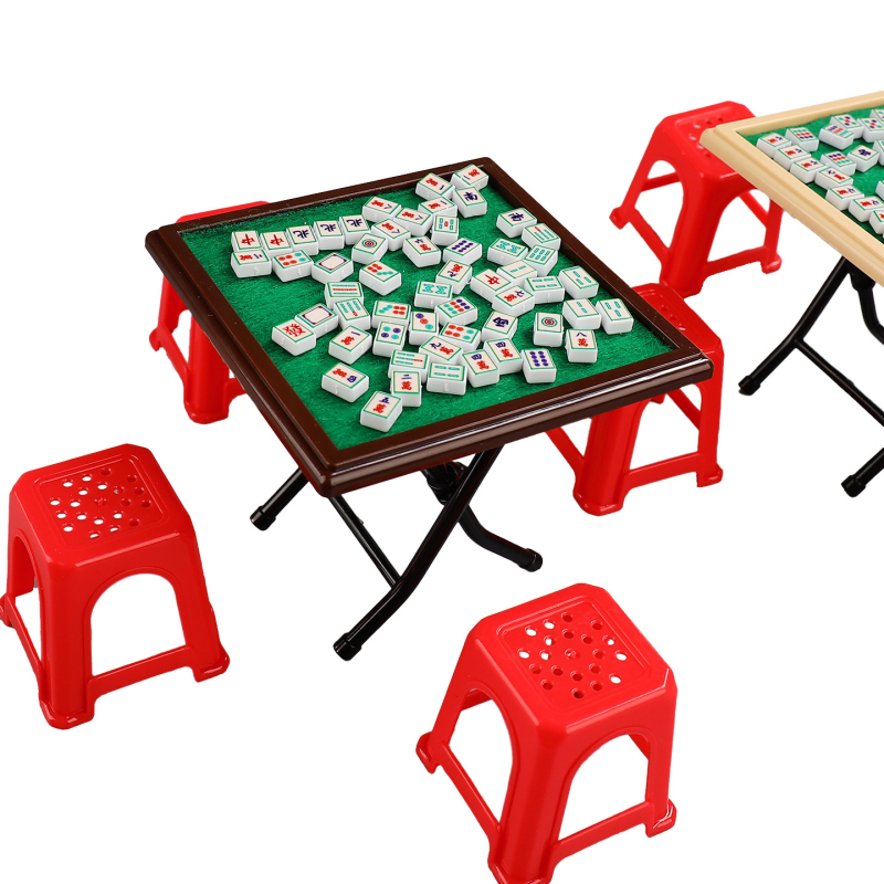 Mini Mahjong stol za kućicu lutaka s kompletnim setom malih stolaca, simulirani namještaj sobe za igru, plastika, za uzrast 7–14 godina