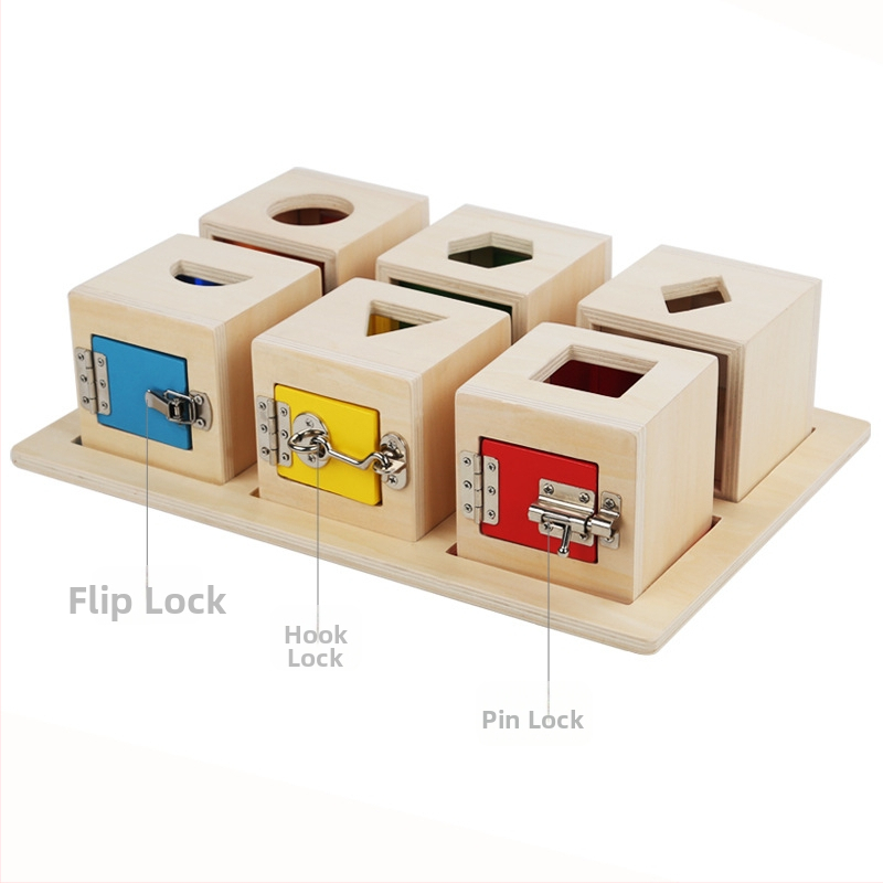 Drvena Montessori kutija sa šest odjeljaka za slaganje oblika – edukativna igra za djecu 4–6 godina