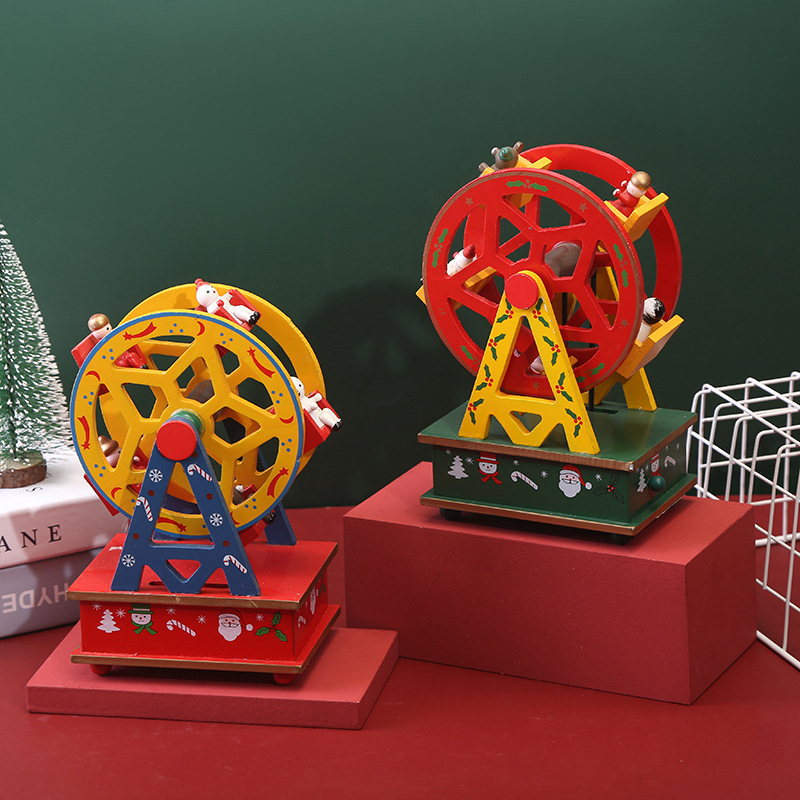Drvena božićna glazbena kutija s rotirajućim Ferris kolom — stolna dekoracija Minglu Christmas; Materijal: drvo; Pakiranje: PVC poklon kutija; Kategorija: božićne dekoracije