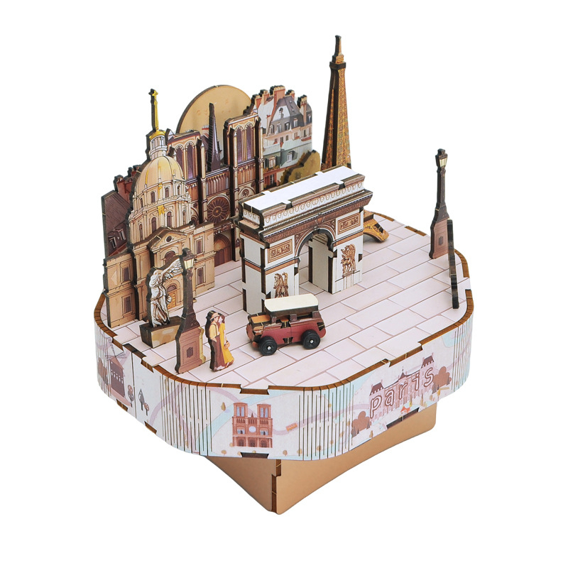 Drvena 3D glazbena kutija Pariz — DIY sklapanje, graviranje i UV ispis, moderni minimalistički dizajn