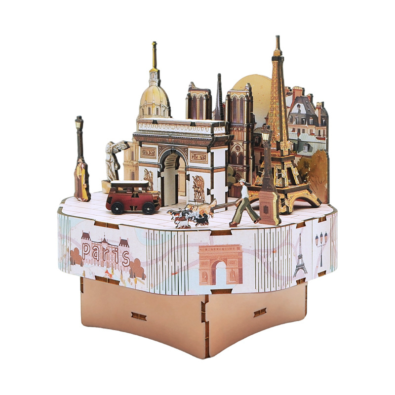 Drvena 3D glazbena kutija Pariz — DIY sklapanje, graviranje i UV ispis, moderni minimalistički dizajn