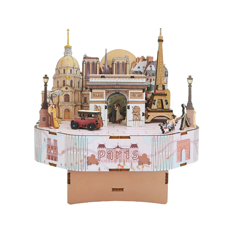 Drvena 3D glazbena kutija Pariz — DIY sklapanje, graviranje i UV ispis, moderni minimalistički dizajn