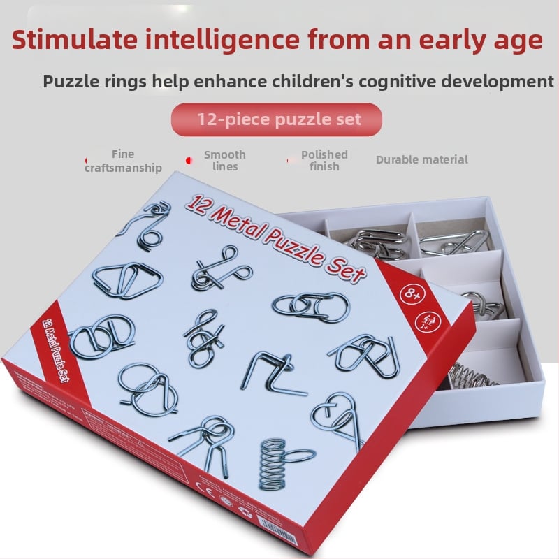 Metalni puzzle s devet prstenova Kongming Lock – 12 dijelova, za djecu 7–14 godina, razonoda i relaksacija, OEM prilagodba logotipa