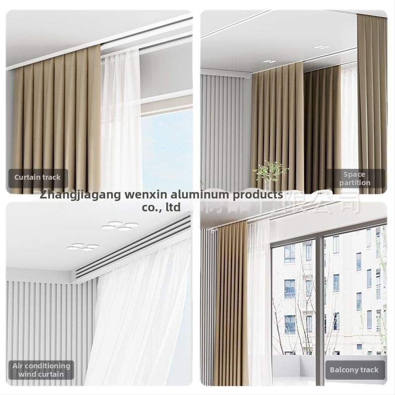Ugradbena nevidljiva šina za zavjese, gornja montaža, savitljiva zakrivljena šina; aluminijska legura, elektroforetsko premazivanje, model Wenxin Wxcd0834, prilagodljivo