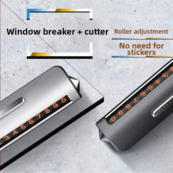 Kovová dočasná parkovacia tabuľka s funkciou 3 v 1: rozbíjač okien a bezpečnostný rezník, tabuľka s číslom telefónu