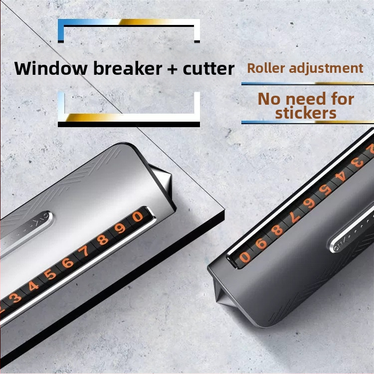 Kovová dočasná parkovacia tabuľka s funkciou 3 v 1: rozbíjač okien a bezpečnostný rezník, tabuľka s číslom telefónu