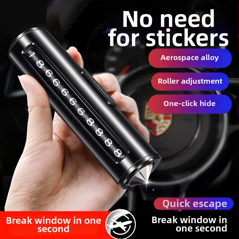 Kovová dočasná parkovacia tabuľka s funkciou 3 v 1: rozbíjač okien a bezpečnostný rezník, tabuľka s číslom telefónu