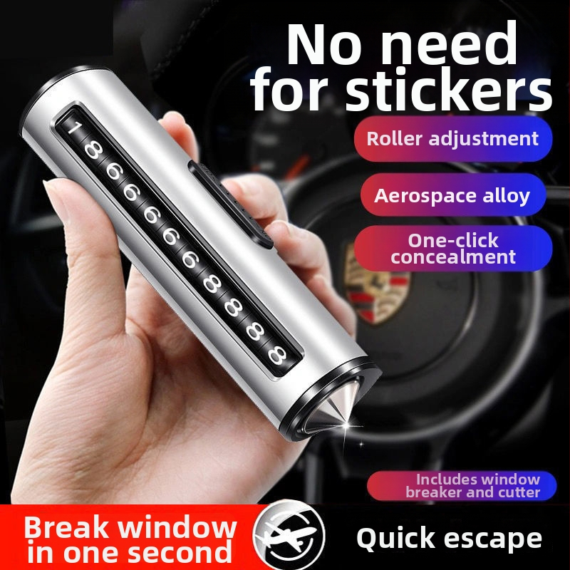 Kovová dočasná parkovacia tabuľka s funkciou 3 v 1: rozbíjač okien a bezpečnostný rezník, tabuľka s číslom telefónu