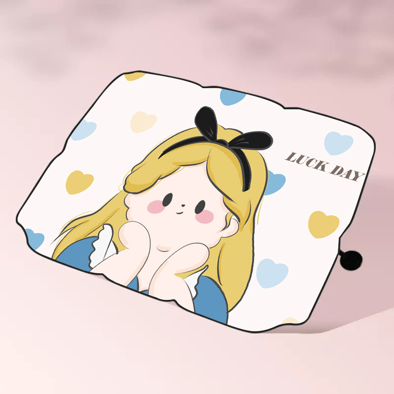 Auto sjenilo za sunce s motívom Cartoon Wind (Doodle Girl), aluminijska folija, teleskopska ugradnja, 400 g, tisak loga